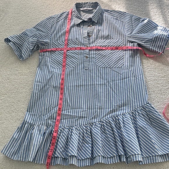 Zara Blue and Cream Striped Mini Dress Ruffle Frill Size Small Oversized - Picture 6 of 9